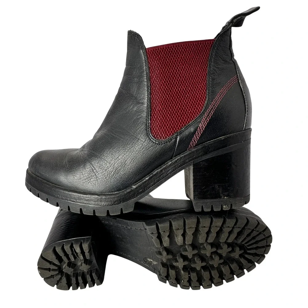 Bueno Footwear Florida Boot Womens Black Leather Red accent Chunky Heel Boots 40